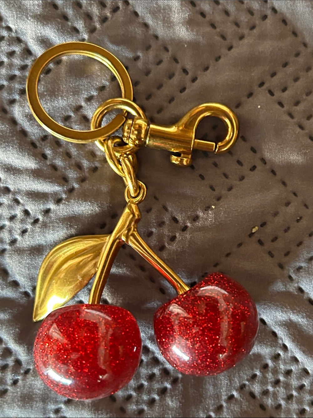Gold Cherry Keychain with Red Glitter Cherries